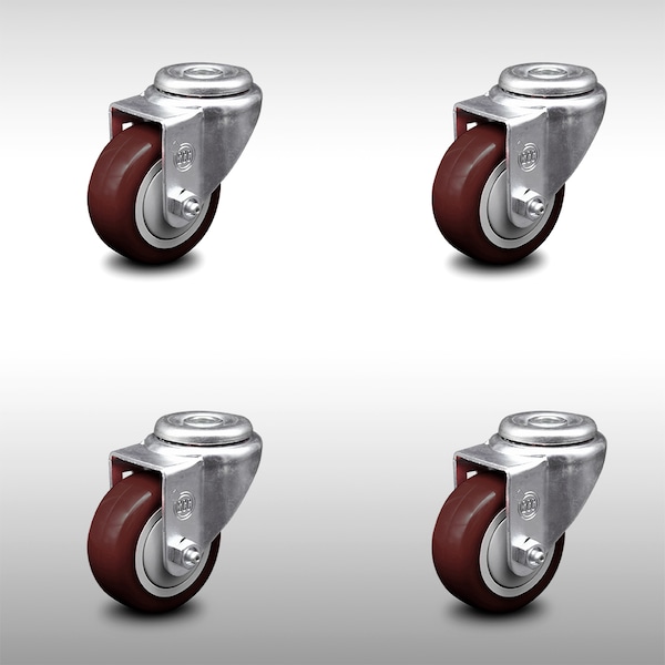 3.5 Inch SS Maroon Polyurethane Wheel Swivel Bolt Hole Caster Set